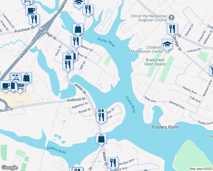 map of restaurants, bars, coffee shops, grocery stores, and more near 17 River Drive in Danvers