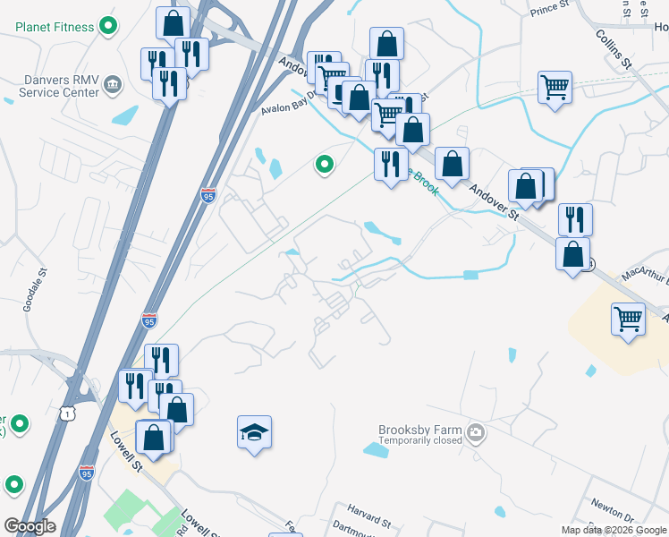 map of restaurants, bars, coffee shops, grocery stores, and more near 100 Brooksby Village Drive in Peabody