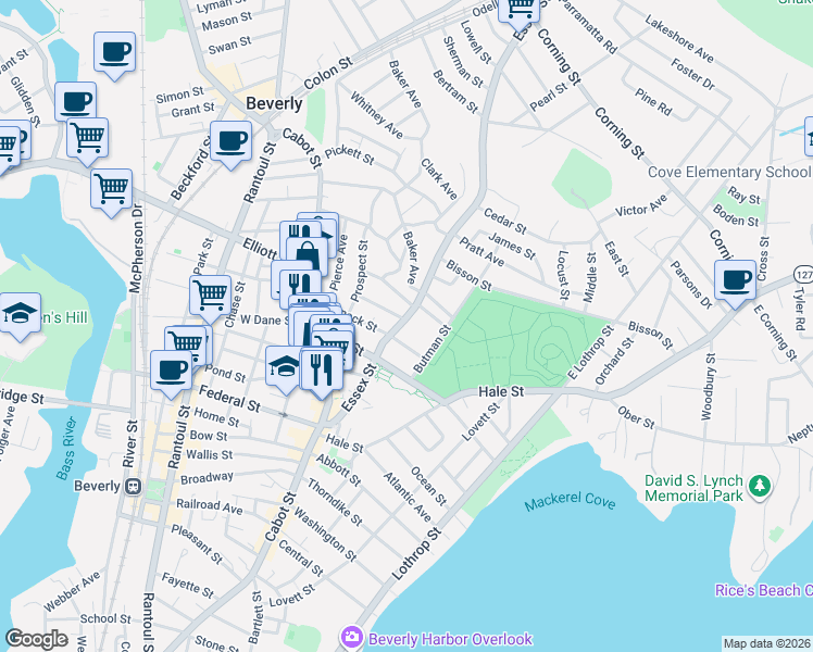 map of restaurants, bars, coffee shops, grocery stores, and more near 51 Essex Street in Beverly
