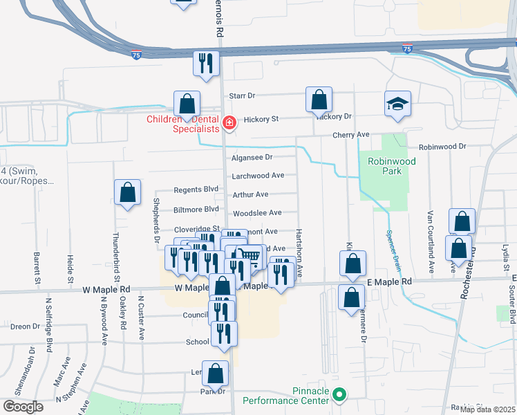 map of restaurants, bars, coffee shops, grocery stores, and more near 97 Woodslee Drive in Troy
