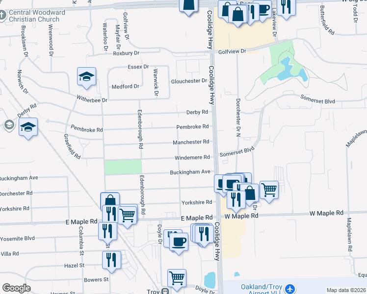 map of restaurants, bars, coffee shops, grocery stores, and more near 2598 Manchester Road in Birmingham
