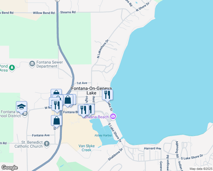 map of restaurants, bars, coffee shops, grocery stores, and more near 336 Fontana Lane in Fontana-on-Geneva Lake