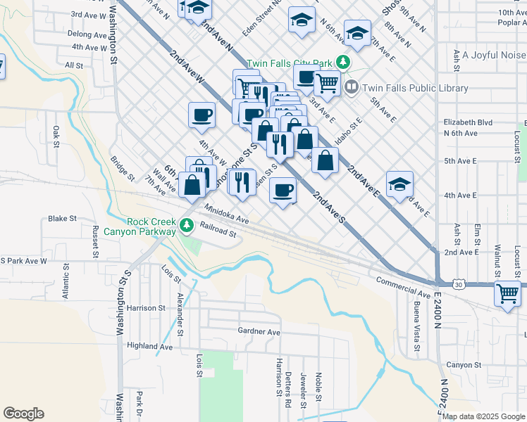 map of restaurants, bars, coffee shops, grocery stores, and more near 264 4th Ave S in Twin Falls