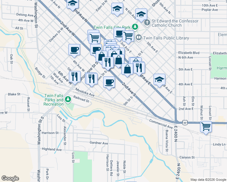 map of restaurants, bars, coffee shops, grocery stores, and more near 302 3rd Avenue South in Twin Falls