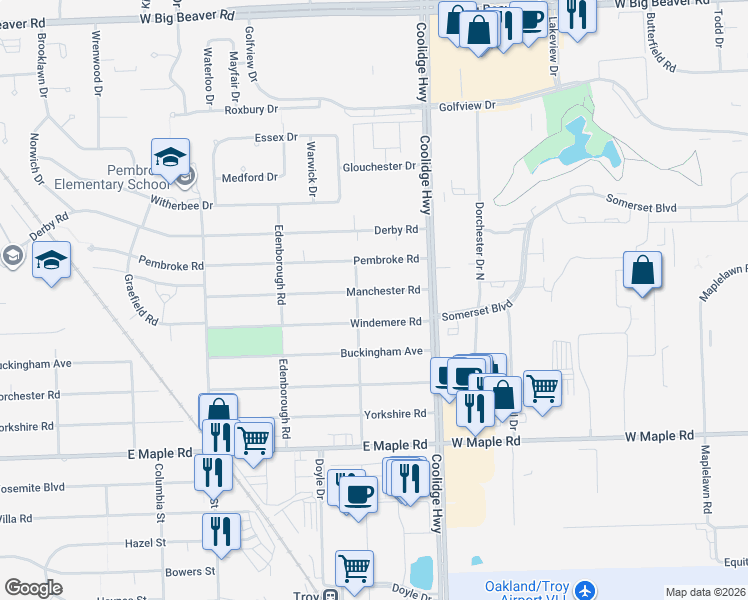 map of restaurants, bars, coffee shops, grocery stores, and more near 2668 Manchester Road in Birmingham