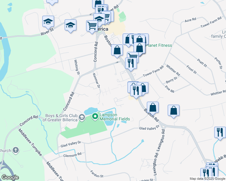 map of restaurants, bars, coffee shops, grocery stores, and more near 20 Kenmar Drive in Billerica