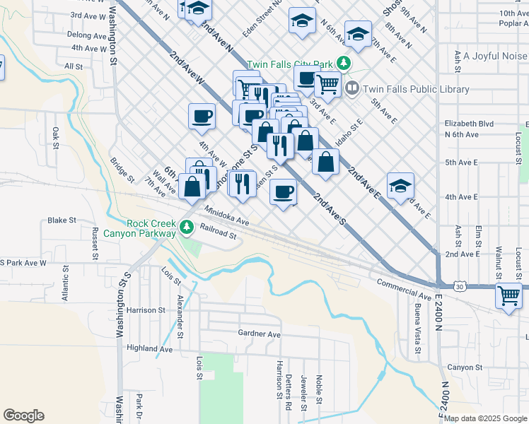 map of restaurants, bars, coffee shops, grocery stores, and more near 264 4th Avenue South in Twin Falls