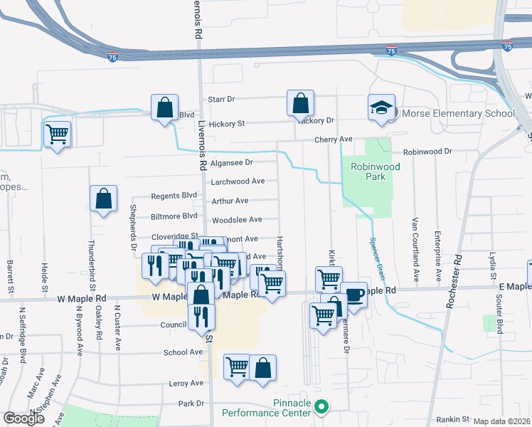 map of restaurants, bars, coffee shops, grocery stores, and more near 165 Woodslee Drive in Troy