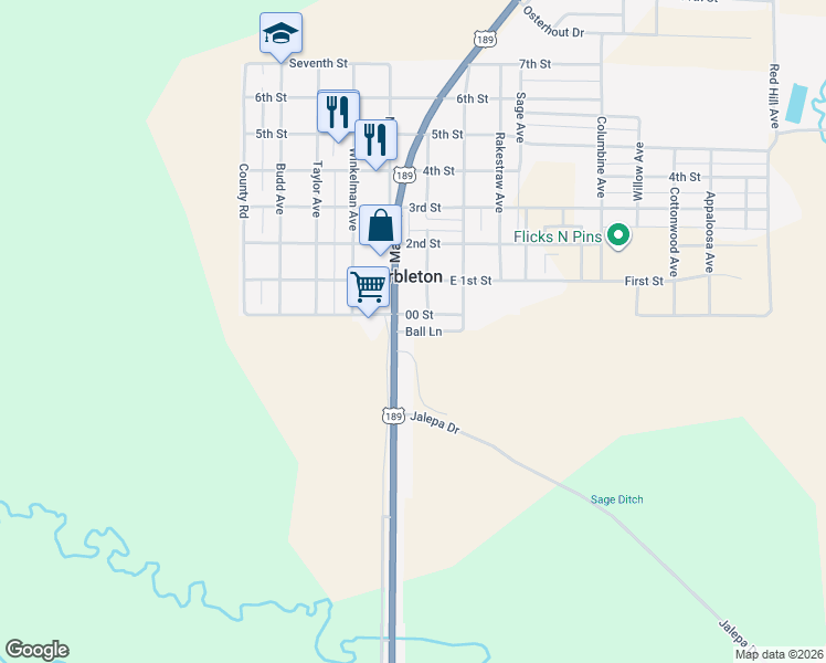 map of restaurants, bars, coffee shops, grocery stores, and more near 13 Ball Lane in Big Piney