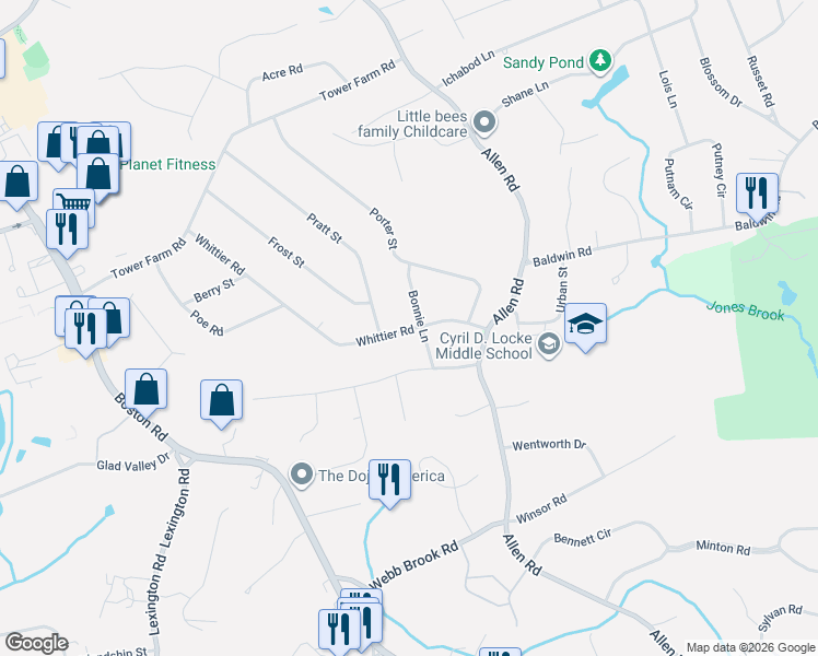 map of restaurants, bars, coffee shops, grocery stores, and more near 44 Whittier Road in Billerica
