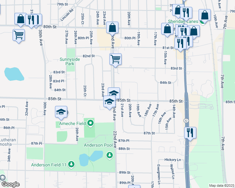 map of restaurants, bars, coffee shops, grocery stores, and more near 8439 22nd Avenue in Kenosha