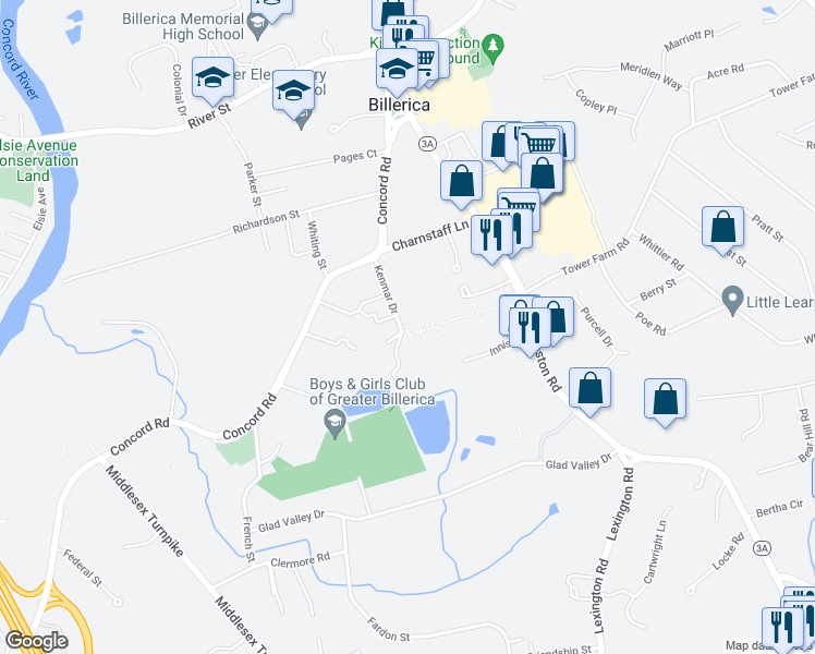 map of restaurants, bars, coffee shops, grocery stores, and more near 24 Kenmar Drive in Billerica