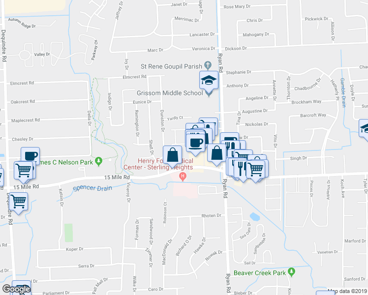 map of restaurants, bars, coffee shops, grocery stores, and more near 3500 Davidoff Drive in Sterling Heights