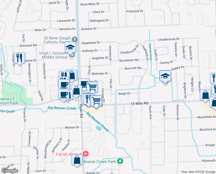 map of restaurants, bars, coffee shops, grocery stores, and more near 4253 Ciara Drive in Sterling Heights