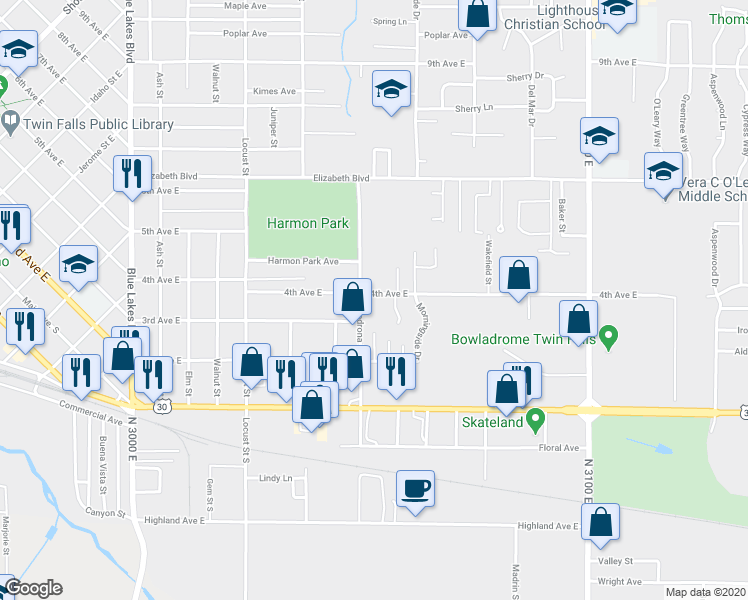 map of restaurants, bars, coffee shops, grocery stores, and more near 374 Madrona Street in Twin Falls