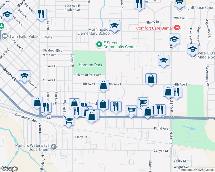 map of restaurants, bars, coffee shops, grocery stores, and more near 374 Madrona Street in Twin Falls