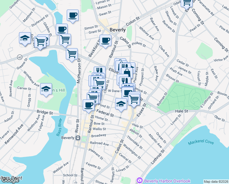 map of restaurants, bars, coffee shops, grocery stores, and more near 24 West Dane Street in Beverly