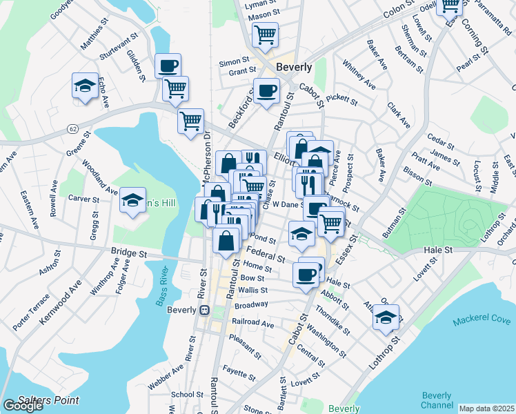 map of restaurants, bars, coffee shops, grocery stores, and more near 40 West Dane Street in Beverly
