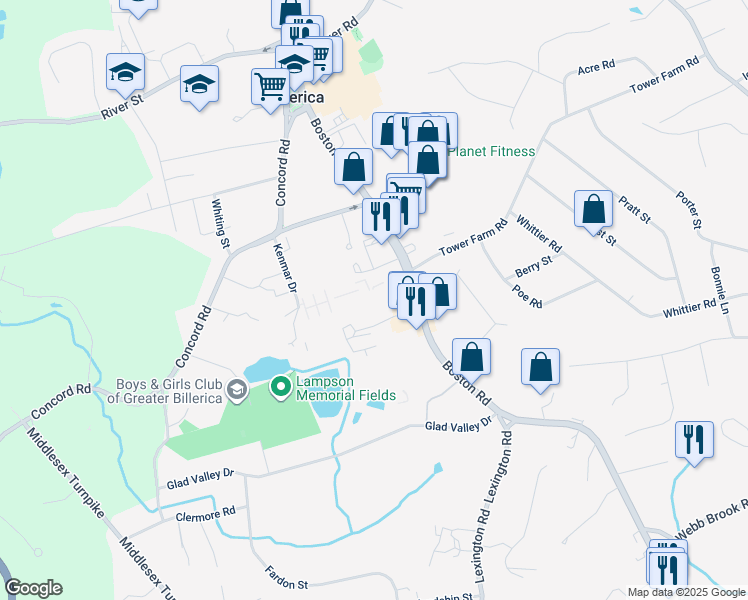 map of restaurants, bars, coffee shops, grocery stores, and more near 1 Innis Drive in Billerica