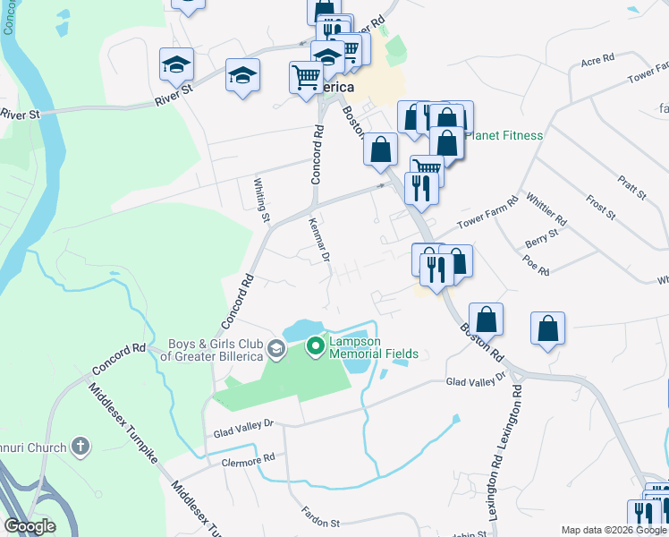 map of restaurants, bars, coffee shops, grocery stores, and more near 12 Kenmar Drive in Billerica