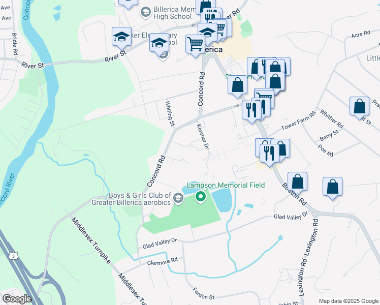 map of restaurants, bars, coffee shops, grocery stores, and more near 5 Karen Circle in Billerica