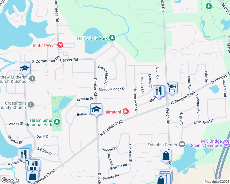 map of restaurants, bars, coffee shops, grocery stores, and more near 1886 Meadow Ridge Drive in Commerce Charter Township