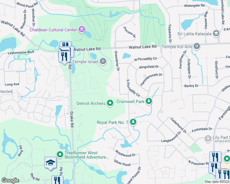 map of restaurants, bars, coffee shops, grocery stores, and more near 5665 Stonington Court in West Bloomfield Township