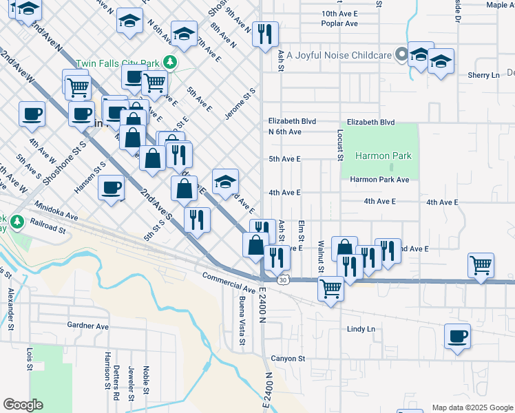 map of restaurants, bars, coffee shops, grocery stores, and more near 337 Blue Lakes Boulevard in Twin Falls