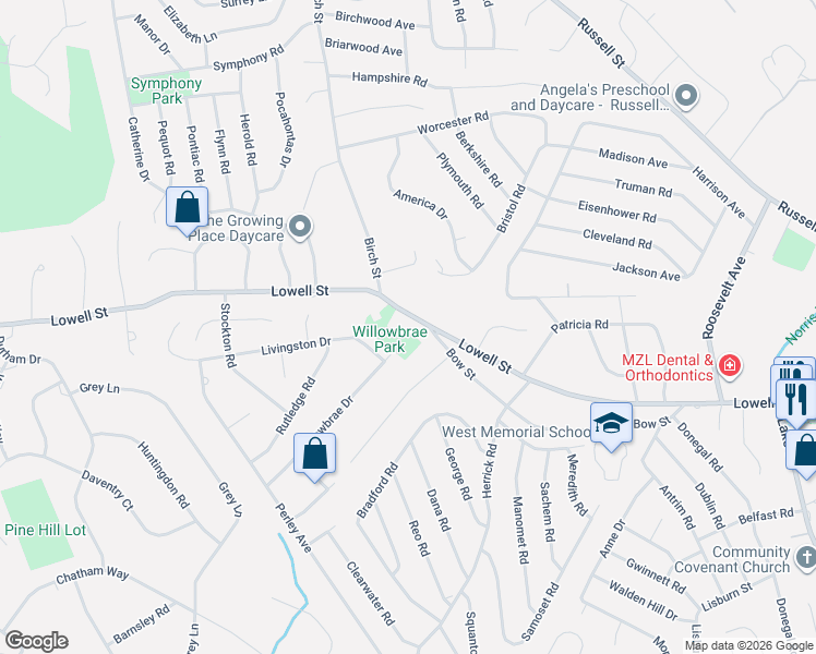 map of restaurants, bars, coffee shops, grocery stores, and more near 736 Lowell Street in Peabody