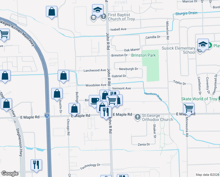 map of restaurants, bars, coffee shops, grocery stores, and more near 1817 Vermont Drive in Troy