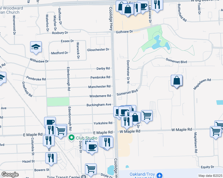 map of restaurants, bars, coffee shops, grocery stores, and more near 671 Coolidge Road in Birmingham