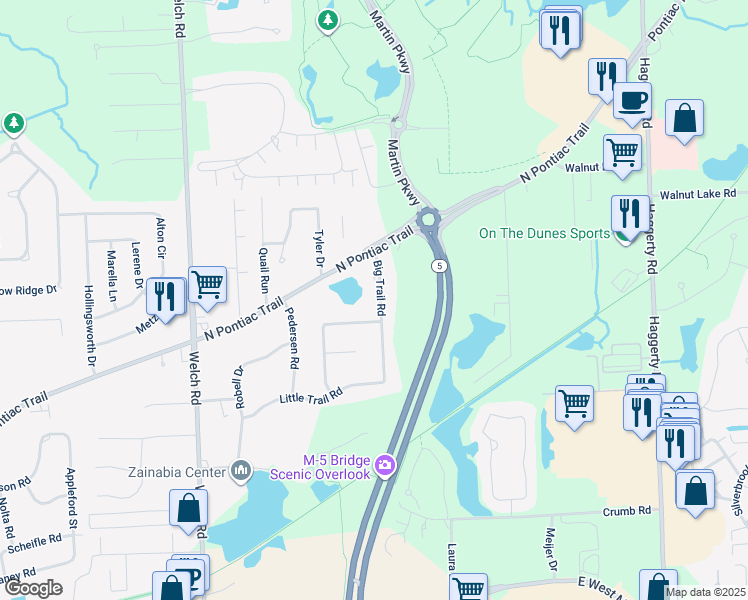 map of restaurants, bars, coffee shops, grocery stores, and more near 1911 Big Trail Road in Commerce charter Township