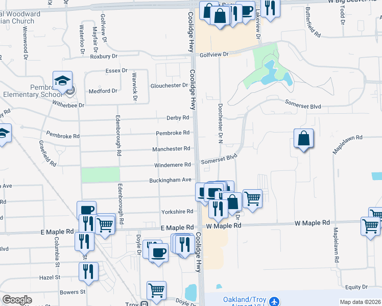 map of restaurants, bars, coffee shops, grocery stores, and more near 671 Coolidge Road in Birmingham