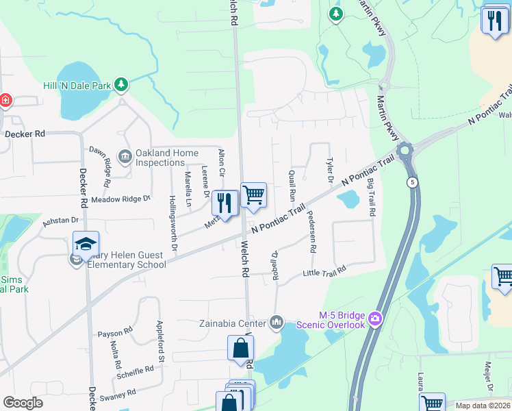 map of restaurants, bars, coffee shops, grocery stores, and more near 2192 Metzner Road in Commerce Charter Township