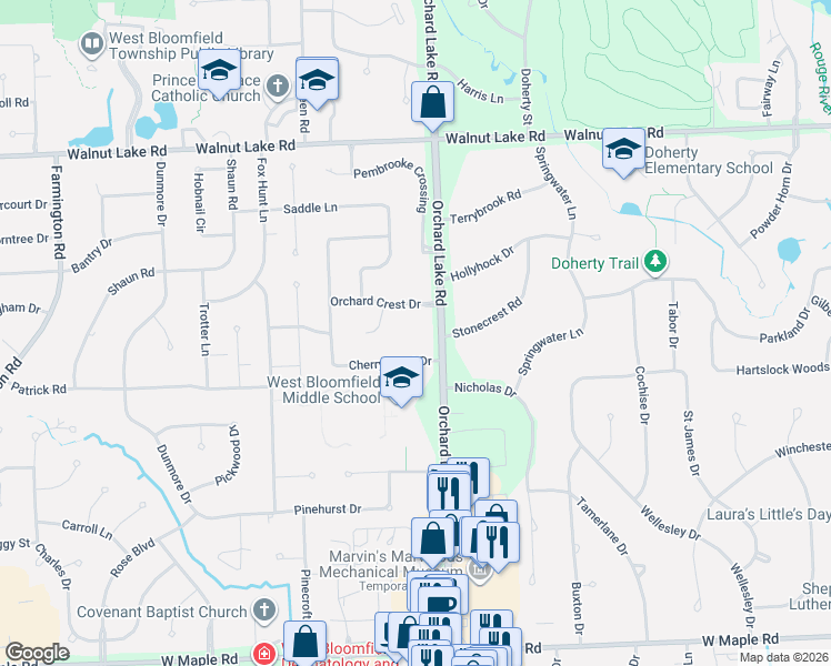 map of restaurants, bars, coffee shops, grocery stores, and more near 5890 Orchard Lake Road in West Bloomfield Township