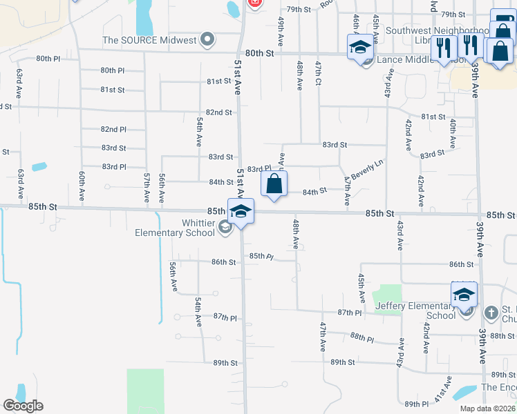 map of restaurants, bars, coffee shops, grocery stores, and more near 5006 85th Street in Kenosha