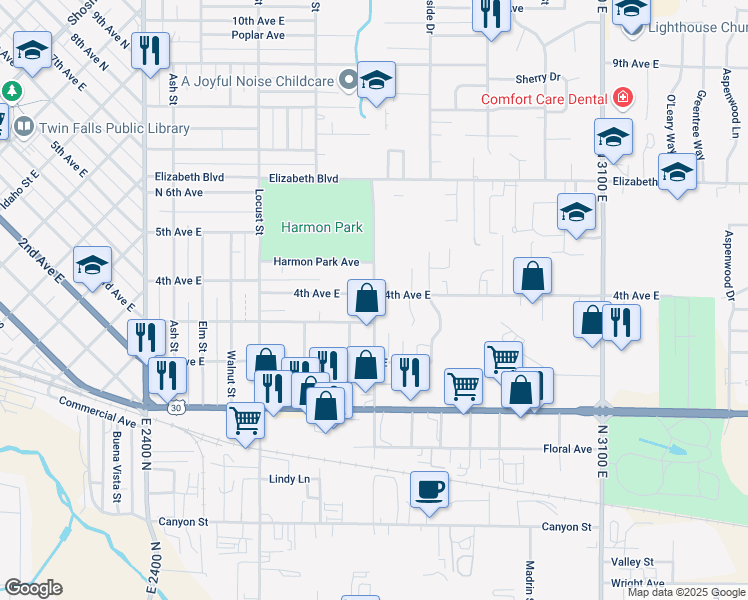 map of restaurants, bars, coffee shops, grocery stores, and more near 341 Madrona Street in Twin Falls