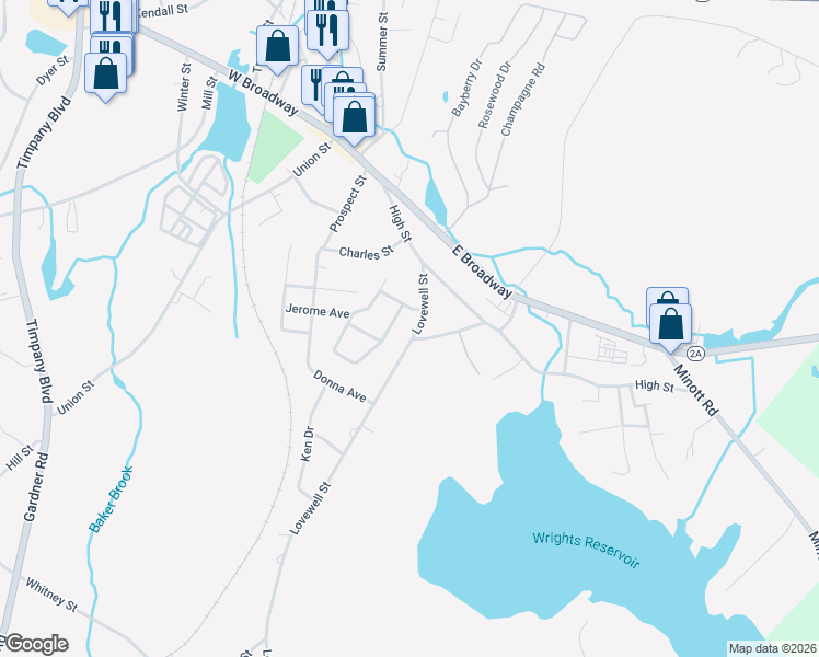 map of restaurants, bars, coffee shops, grocery stores, and more near 57 Lovewell Street in Gardner