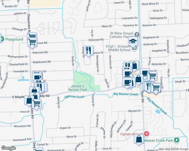 map of restaurants, bars, coffee shops, grocery stores, and more near 3074 Sobsom Drive in Sterling Heights