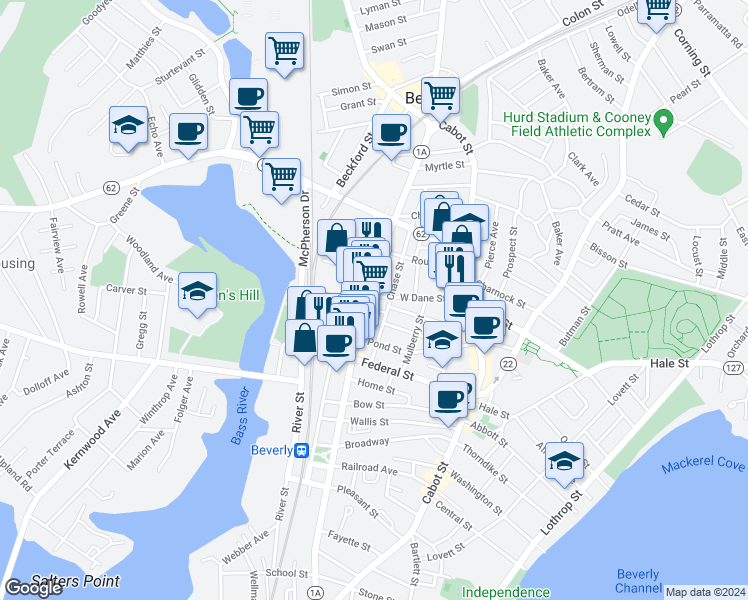map of restaurants, bars, coffee shops, grocery stores, and more near 40 West Dane Street in Beverly