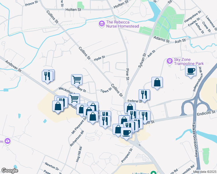 map of restaurants, bars, coffee shops, grocery stores, and more near 7 Tipert Street in Danvers