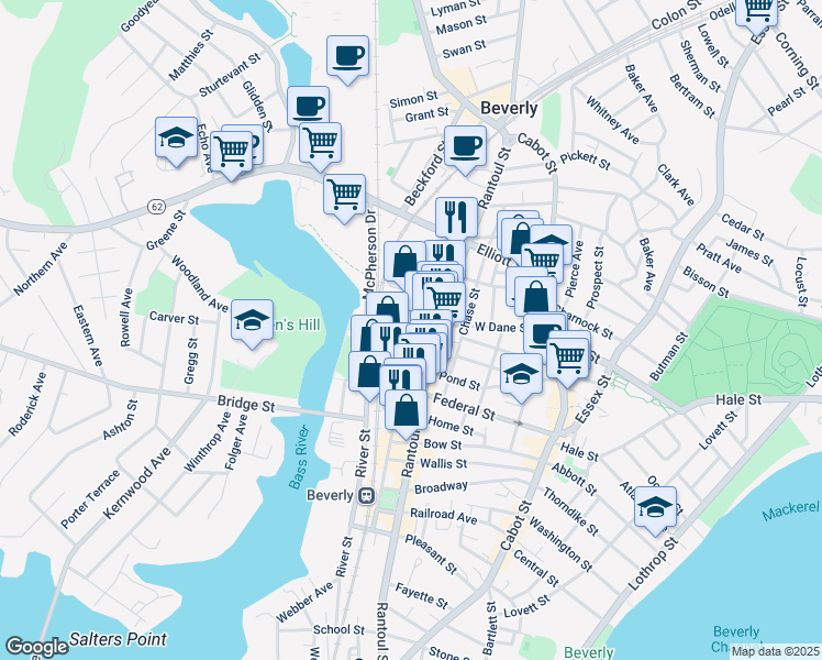 map of restaurants, bars, coffee shops, grocery stores, and more near 122 Park Street in Beverly