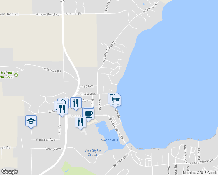 map of restaurants, bars, coffee shops, grocery stores, and more near 336 Fontana Lane in Fontana-on-Geneva Lake