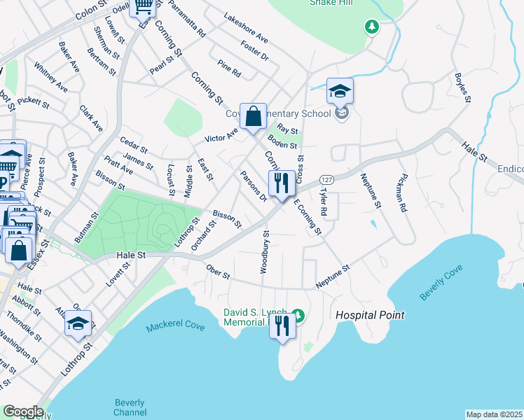 map of restaurants, bars, coffee shops, grocery stores, and more near 3 Hale Park Avenue in Beverly