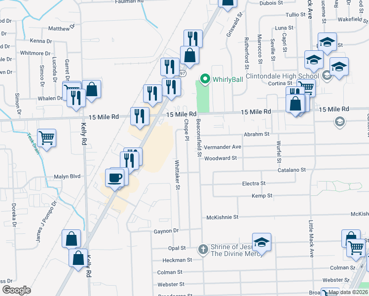 map of restaurants, bars, coffee shops, grocery stores, and more near 34617 Chope Place in Macomb County