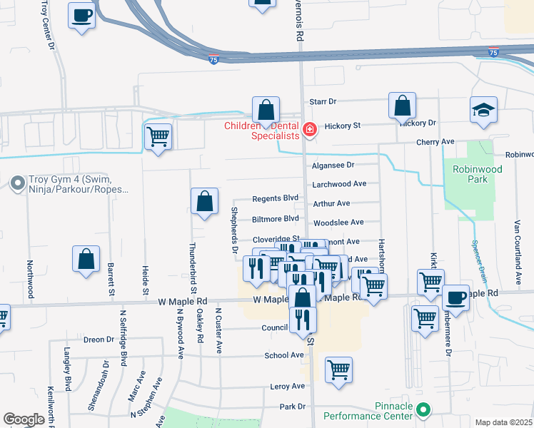 map of restaurants, bars, coffee shops, grocery stores, and more near 128 Biltmore Drive in Troy