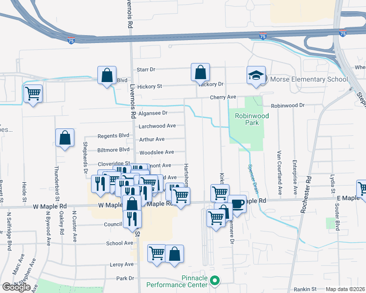 map of restaurants, bars, coffee shops, grocery stores, and more near 165 Woodslee Drive in Troy