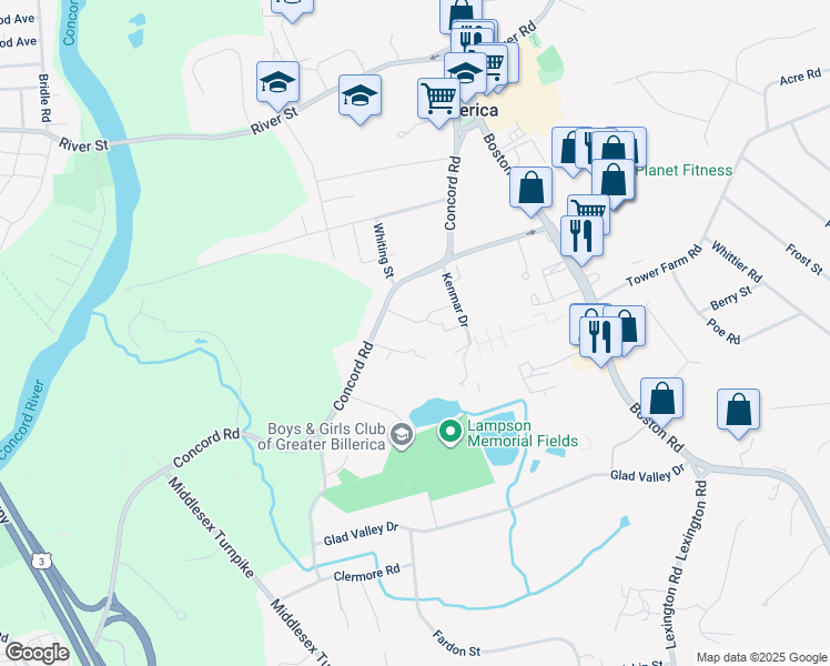 map of restaurants, bars, coffee shops, grocery stores, and more near 10 Karen Circle in Billerica