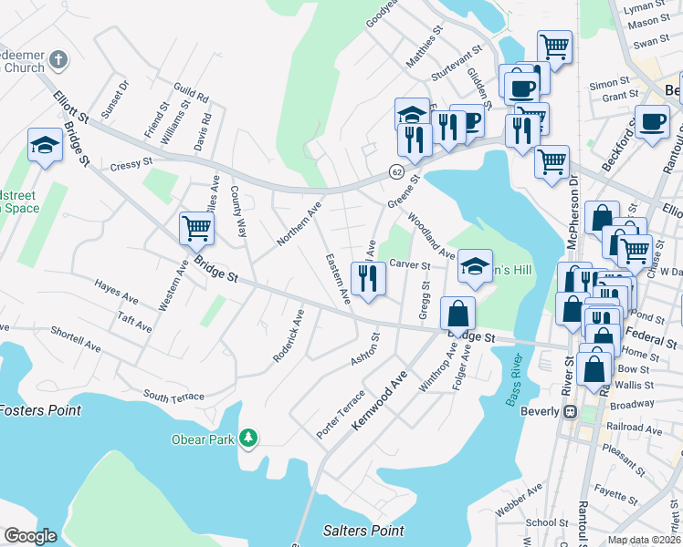 map of restaurants, bars, coffee shops, grocery stores, and more near 25 Eastern Avenue in Beverly