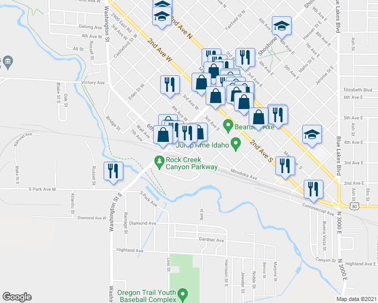 map of restaurants, bars, coffee shops, grocery stores, and more near 516 2nd Street South in Twin Falls